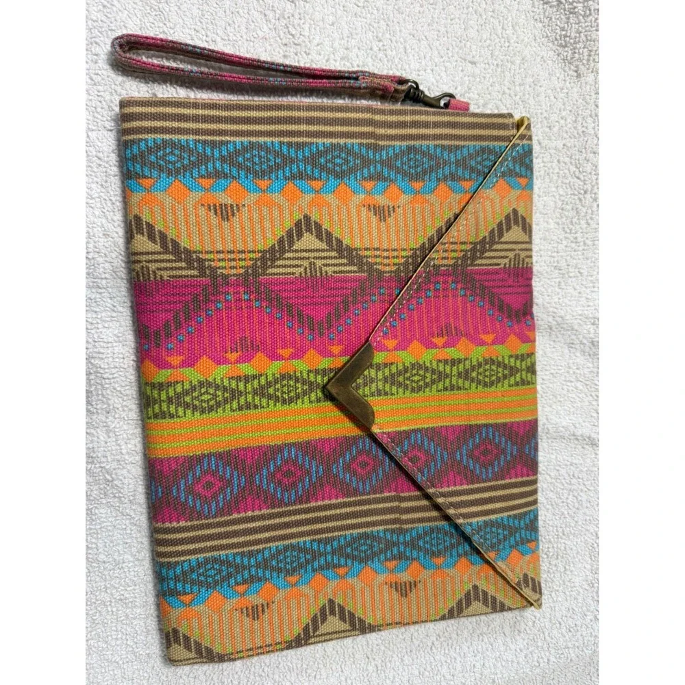 Geometric Woven Clutch Bag Women Medium Multicolor Boho Wristlet Southwestern